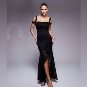 True Violet asymmetric lace ruffle gown in black